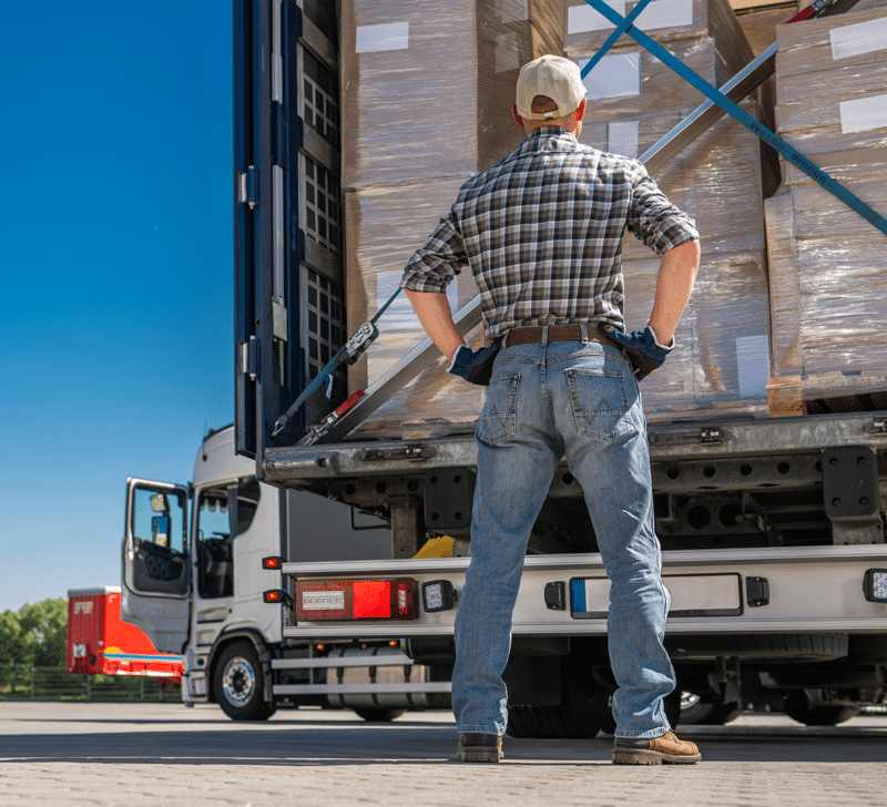 A man in jeans and a plaid shirt stands by the open back of a truck from a third-party logistics company, filled with stacked cardboard boxes on a sunny day.