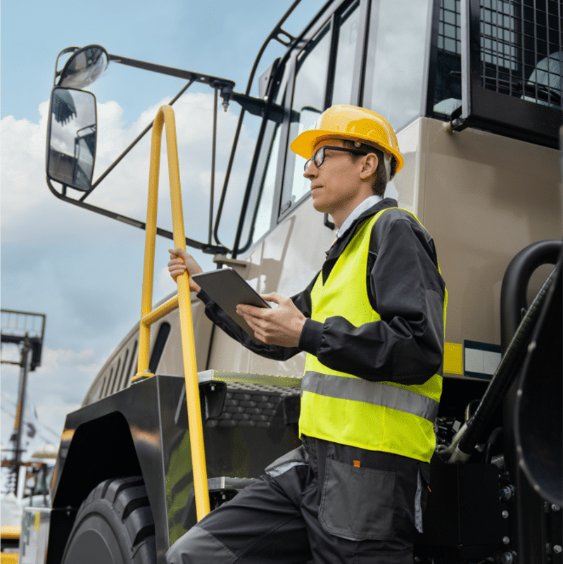 A person in a hard hat and safety vest holds a tablet, standing by a large industrial vehicle, poised to implement innovative shipping solutions.