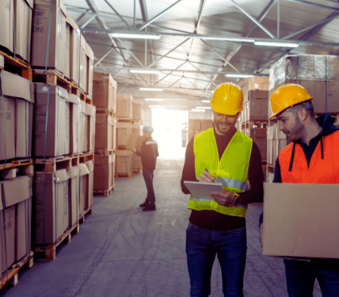 Two workers in safety vests and hard hats check inventory in a warehouse filled with stacked cardboard boxes, highlighting strategic warehouse management; one holds a clipboard, the other carries a box.