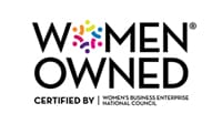 Women's Business Enterprise National Council logo with "Women Owned" text and colorful abstract figures above. "Certified by Women's Business Enterprise National Council" noted below.