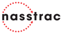 Logo with the word "nasstrac" in lowercase black letters. Encircled by a ring of red dots, joined by two red arrows.