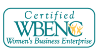 Logo displaying "Certified WBENC Women's Business Enterprise" in teal, with two yellow human figures inside the letter "C".