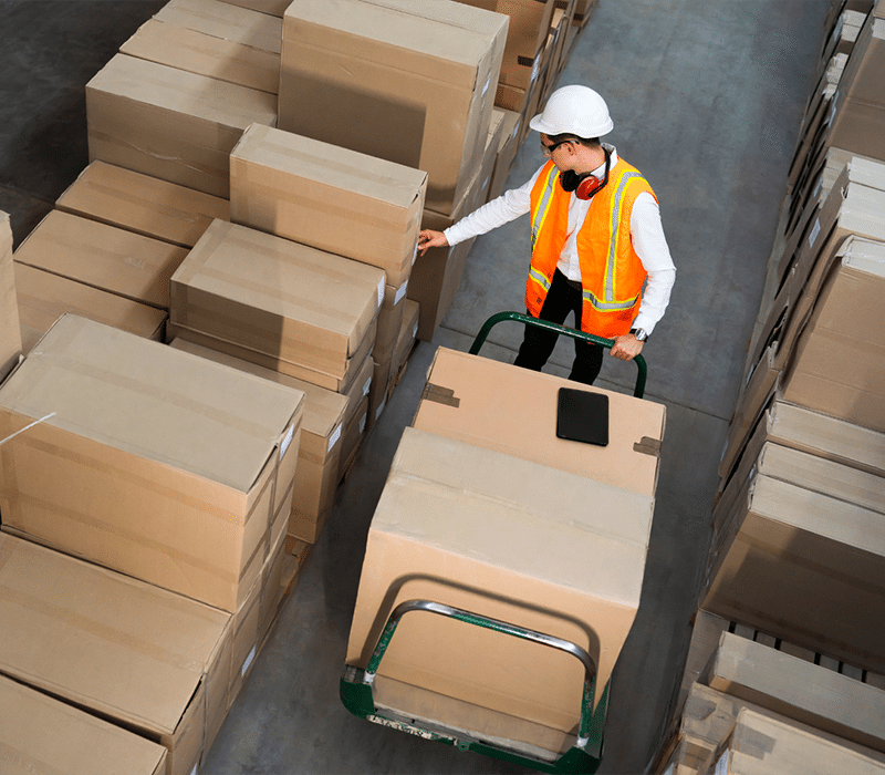 In a bustling warehouse, a worker in a safety vest and helmet diligently checks stacked cardboard boxes. Standing next to a trolley, they ensure everything is in top order, optimizing the logistics process like any reliable carrier would.